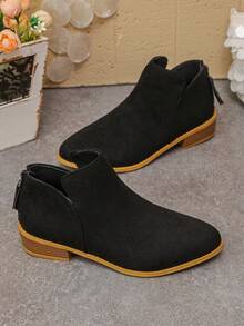 Women's Comfortable Round Toe Suede V-Cut Back Zipper Low Heel Black Ankle Boots Casual Style Autumn/Winter New Daily Wear - Black - View 6