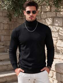 Men's Black Wool Turtleneck Knit Sweater, Slim Fit Solid Color Base Layer, Light Business Casual Inner Top - Black - View 1