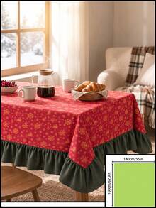 1pc Red Background Gold Christmas Bell Snowflake Print Tablecloth, Traditional Country Style, Rectangular Green Leaf Edge With Pleated Details, Stain-Resistant Protective Tablecloth For Home Long Table, Suitable For Christmas Family Gatherings And Winter Holiday Dining Room Decor - Red - View 18
