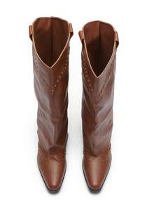 Okurime. Vintage Brown Rivet High Shaft Boots, French Style Women's Thick Heel Versatile Western Cowboy Boots - Brown - View 3