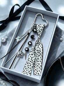 Korean Cool Style Black White Leopard Print Keychain, White Cat Tassel Beaded Bag Charm - Multicolor - View 2