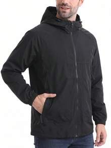 1 buah Jaket Pria Hitam Berkerudung dengan Tali Serut, Lengan Panjang, Desain Saku Resleting, Gaya Sporty Minimalis, Dapat Dicuci dengan Mesin, Cocok untuk Jalan-jalan di Kota, Pinggiran Kota, dan Perjalanan Harian - Hitam - View 5