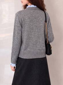 Women's Vintage Grey Knit Cardigan, Round Neck Long Sleeve Button Sweater, Autumn/Winter Fashion Regular Fit Cardigan - Grey - View 2
