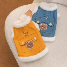 Cute Bear Print Double-Layer Fleece Pet Vest - Thickened Warmth, Soft & Comfortable, With Warm Wool Lining, D-Ring Chest Strap, Cute Bear Design - Winter Pet Jumpsuit (Blue) - Blue - View 11