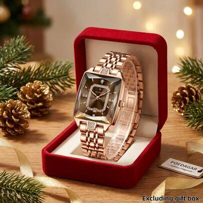 POEDAGAR Women's Fashion Square Rose Gold Stainless Steel Quartz Watch, Elegant Luxury Business Wristwatch, Exquisite Gift, Suitable For Halloween And Christmas