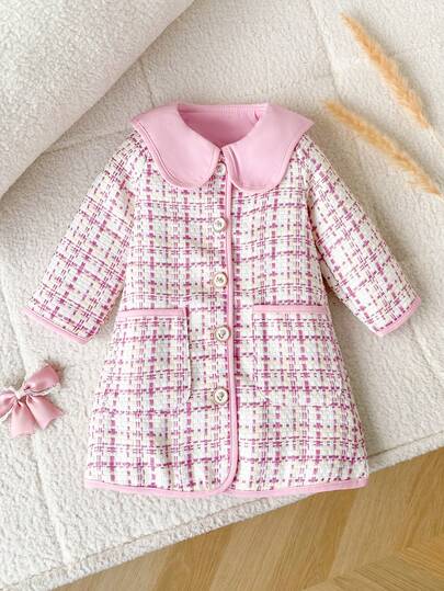 Autumn/Winter Baby Girl Cute Pink Plaid Lapel Single-Breasted Princess Style Atmosphere Jacket