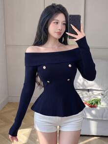 2026 Double-Row Gold Button Off-Shoulder Ribbed Knit Top, Fold-Over Off-Shoulder Slim Fit Long Sleeve, Ruffle Fish Tail Hem Waist-Cinching Cropped Base Layer, Commuter Sexy Aesthetic Elastic Knit Sweater - Royal Blue - View 6