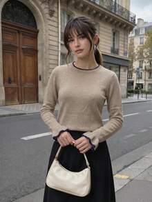 Women's Ribbed Knit Long Sleeve Crew Neck Top, Regular Fit Contrast Trim Knit Sweater, Suitable For Autumn/Winter/Spring Daily Wear - Multicolor - View 3