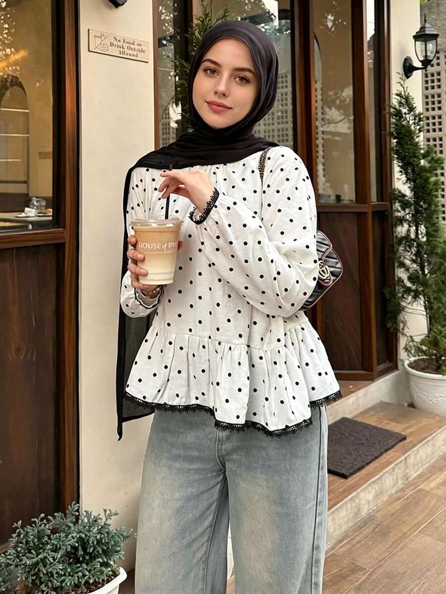 Women's Standard Size Polka Dot Print Ruffle Hem Lace Trim Patchwork Casual Commute Blouse, Vintage Fall Fashion - Multicolor - View 1