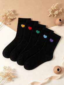 5 Pairs Women's Black Mid-Calf Socks, Soft Comfortable Casual Socks, Colorful Small Heart Pattern All-Season Versatile High-Top Socks - Multicolor - View 6
