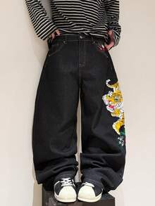 1pc American Street Fashion Tiger Embroidery Men's Loose Wide-Leg Jeans, Comfortable Casual Versatile Denim Pants, All Season - Black - View 5