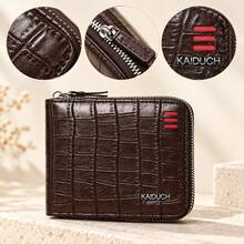 HOVI'S 1pc Black Crocodile Embossed PU Leather Men's Short Wallet, Multi-Functional Large Capacity Zipper Wallet, Card Slot Design + ID Window + Coin Compartment, Full Zipper Closure Business Casual Wallet, Suitable For Commuting, Travel, Daily Use For Men - Brown - View 3