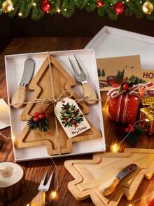 28/14/7pcs Christmas Wooden Tray & Cutlery Gift Set , Christmas Tray, Cutlery, Card, Twine, Gift Box, And More. Perfect For Christmas Table Settings, Party Favors, Holiday Decor, And Guest Gifts; Ideal For Christmas Celebrations And Themed Parties - Multicolor - View 3