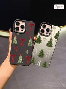 2pcs Christmas Tree Print TPU Shockproof Full Coverage Precision Protective Case Compatible With Apple 11/12/13/14/15/16/16Pro/16ProMax/17/17pro/17ProMax/18pro 18ProMax - Multicolor - View 1