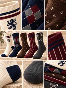5 Pairs Men's British Retro Mid-Calf Socks, Argyle Striped Geometric Pattern Preppy Knit Socks, Business Casual Commute Office Daily Versatile Men's Socks - Multicolor - View 4