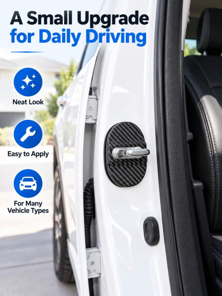 4 buah Pelindung Kunci Pintu Mobil Tekstur Serat Karbon, Pelindung Kunci Pintu Universal, Bantalan Peredam Guncangan dan Peredam Suara, Pelindung Kunci Pintu Anti Karat dan Anti Benturan, Cocok untuk Sebagian Besar Mobil, SUV, dan Sedan, Aksesori Pintu - A - View 1