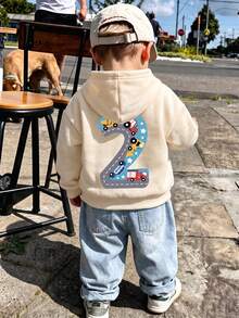 1pc Boys Toddler Hooded Sweatshirt, Construction Truck & Number 2 Cartoon Print, Cream White Loose Fit Pullover Sweatshirt For Spring And Autumn - Apricot - View 1