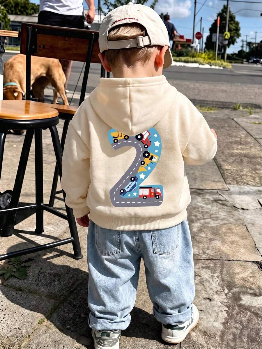 1pc Boys Toddler Hooded Sweatshirt, Construction Truck & Number 2 Cartoon Print, Cream White Loose Fit Pullover Sweatshirt For Spring And Autumn - Apricot - View 1