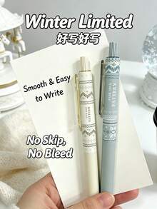 1/4pcs Winter Limited Fair Isle Sweater Pattern Quiet Click Neutral Pens, 4pcs Gift Box Set Ballpoint Pens, Quick-Drying Black Ink Pens, Vintage Mori Style High-Value Student Exam Prep Planner Stationery, Office And Study Supplies - Christmas Collection - View 3