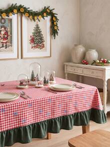 1pc Red & White Classic Small Plaid Blue Bow Print Tablecloth, Traditional Country Style Rectangular Green Leaf Edge Pleated Detail Stain-Resistant Protective Table Cover, Suitable For Christmas Family Gathering And Winter Holiday Dining Room Decor - Red - View 10