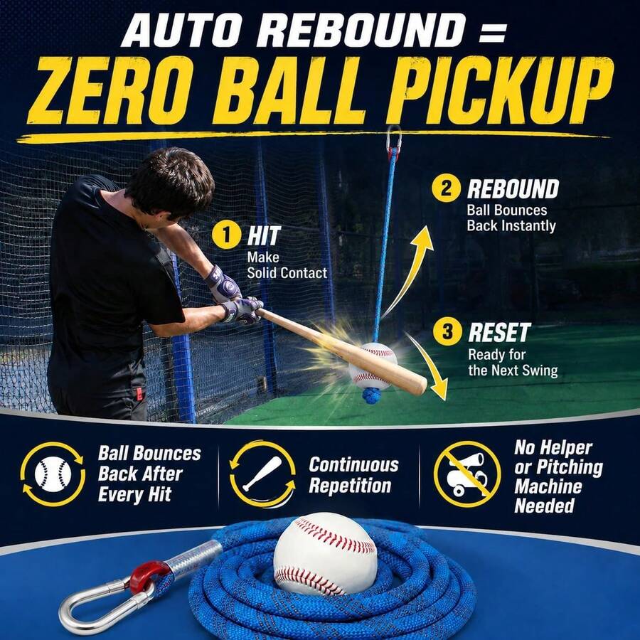 Baseball Softball Batting Swing Training Aid, Rope-Attached Baseball Hitting Practice Trainer, Front-Throwing Easy Training, Softball Batting Practice Equipment, Used To Improve Swing Accuracy, Hand-Eye Coordination And Timing - Baseball Training Rope With Hook - View 1