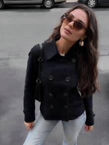 Women Double Breasted Windbreaker Lapel Long Sleeve Coat Casual Outfits For Fall Winter Daily Commuting Going Out Dating - Black - View 4