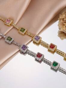 1pc Men's Hip-Hop Colorful Square Zirconia Bracelet, Personalized Shiny Tennis Bracelet, Suitable For Men's Autumn Date, Holiday, Daily Commute Jewelry - Colorful Bracelet - View 5