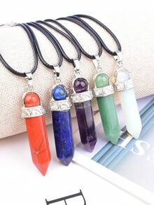 Natural Crystal Hexagonal Pillar Pendant Necklace, Rotating Round Bead Crystal Pillar Charm, Vintage Silver-Tone Leather Cord Necklace, Healing Energy Stone Accessory - Round Bead Single Point Pendant - View 2