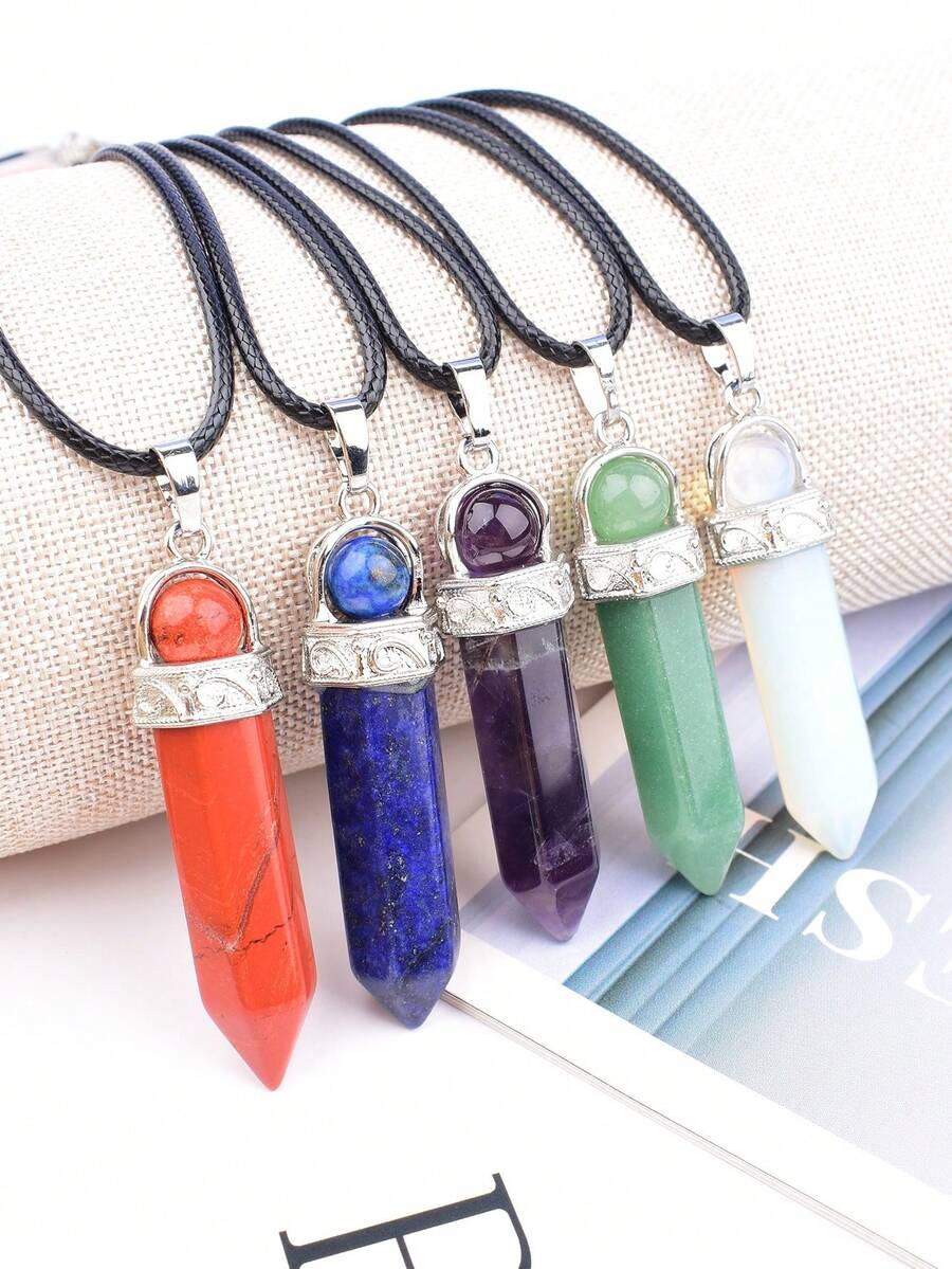 Natural Crystal Hexagonal Pillar Pendant Necklace, Rotating Round Bead Crystal Pillar Charm, Vintage Silver-Tone Leather Cord Necklace, Healing Energy Stone Accessory