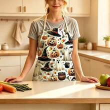 1pc Halloween Magic Party Print Apron - Halter Neck Sleeveless Design With Ghost, Pumpkin Lantern, Candy, Cauldron And Magic Wand Patterns, Suitable For Kitchen Cooking, Housework Cleaning And Halloween Party Use, Home Decor, Atmosphere Apron, Fun Home Daily Necessities, Joyful Holiday Gift - Multicolor - View 7