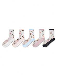 ZUJO 5 Pairs Women's Mesh Transparent Mid-Calf Socks, Floral Small Pattern, Simple Style, Suitable For Spring, Summer, Autumn Daily Wear, Random Color - Multicolor - View 7