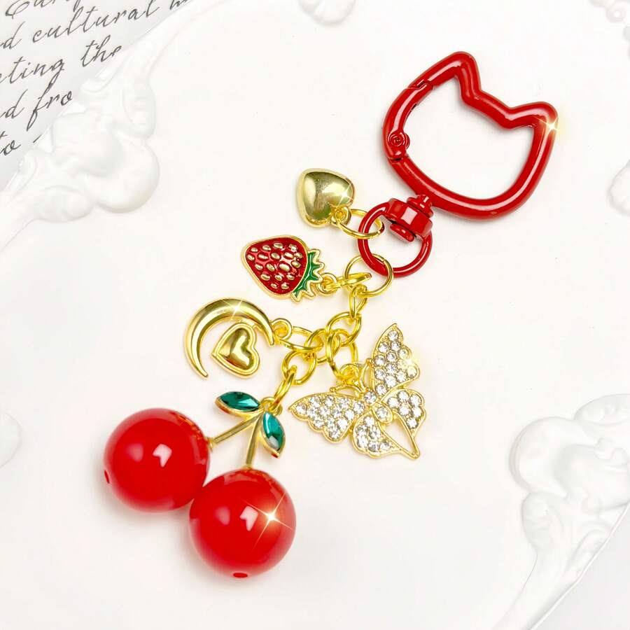 Light Luxury Red Cherry Series Keychain, Small Strawberry, Gold Butterfly Bag Charm, Car Decoration, Gift Inspiration For Teachers, Friends, Sisters - Red - View 1