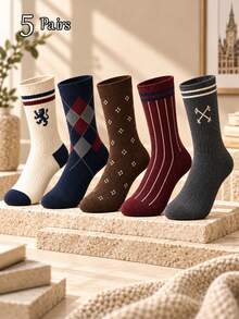 5 Pairs Men's British Retro Mid-Calf Socks, Argyle Striped Geometric Pattern Preppy Knit Socks, Business Casual Commute Office Daily Versatile Men's Socks - Multicolor - View 7