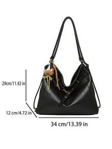 low tea 1pc Minimalist Fashion PU Leather Shoulder Bag, Suitable For Commuting, Shopping, Etc. (With Pendant) - Black - View 3