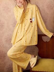 Gongdie 2pcs/Set Miffy Women's Pajama Set, Autumn Yellow Polka Dot Soft Cotton Loungewear With Pockets - Yellow - View 3