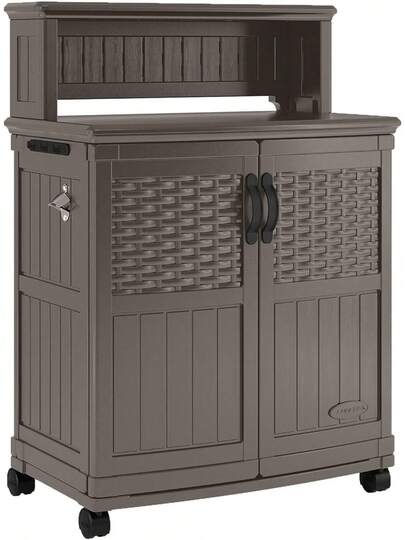 Outdoor Prep Station, Garden Patio Storage Cabinet, Backyard Barbecue Utility Food Cart, Multi Wall Panels With Decorative Wicker Pattern, Modern Classic, Stoney Gray, 1 Piece Set