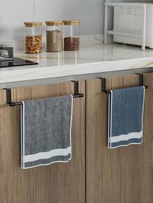 1pc Black Stainless Steel No-Drill Towel Rack, Single Bar Towel Rack, Cabinet Door Hanging Towel Bar, Long Dishcloth Rack, Suitable For Bath Towels, Bath Towels And Hand Towels, Kitchen Cabinet Door Dishcloth Hook. Perfect For Bathroom And Kitchen Towel Storage, Space-Saving, Suitable For Home Use. - Black - View 1