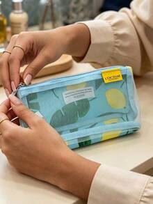 L'Occitane Light Blue Mesh Lemon Print Zipper Cosmetic Bag Transparent Portable Travel Toiletry Pouch Quick Find Skincare Makeup Storage Bag Gift For Women - Baby Blue - View 7