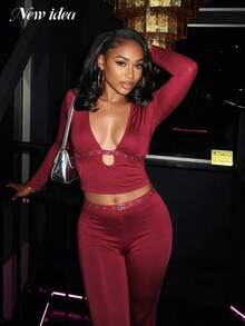 NEW IDEA Women's Sexy Burgundy Fall Winter Two‑Piece Set, Deep V Long Sleeve Crop Top + High Waist Flare Pants For Night Out, Party, Going Out - Burgundy - View 3