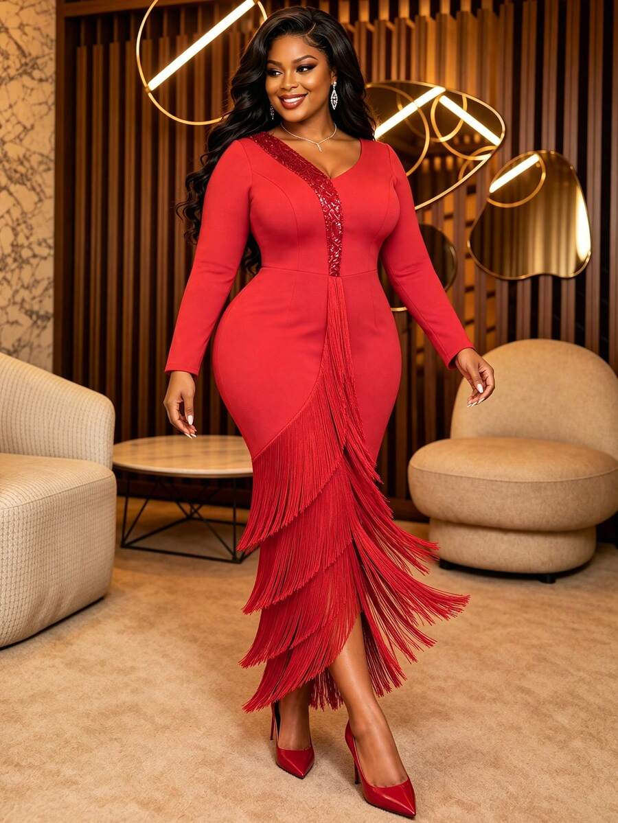 Plus Size Women Elegant Red Sequin Fringe Dress V Neck Long Sleeve Layered Tassel Split Formal Church Evening Wedding Guest Party Maxi Dresses