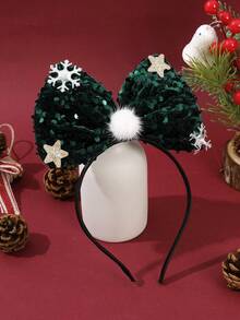 2/1pc Christmas Shiny Red & Green Sequin Large Bow Headband With Snowflake, Star And Pom Pom Decor, Women's Autumn/Winter Holiday Party Hair Accessory - Multicolor - View 12