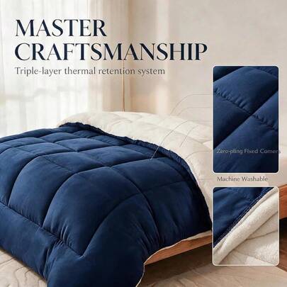 Navy Blue Crystal Velvet Plush Winter Quilt Double-Sided Sherpa, High-Density Velvet Side A White Sherpa Side B, 350g High-Loft Filling, Grid Quilted Cotton Lock, Anti-Static Easy Care Thick Warm Bedding For Autumn Winter
