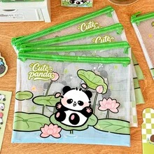 1pc Cartoon Panda Mesh File Bag Random Pattern, 8.7x6.6in Cute Student Stationery Storage Bag, A5 Highly Attractive Pencil Case Gift - A - View 4