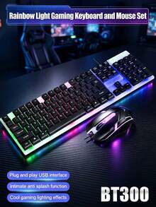 Kombo Keyboard & Mouse Gaming Berkabel, Keyboard Mekanik dengan Lampu Latar RGB Pelangi, Mouse Gaming Ergonomis, Plug&Play USB, 104 Tombol Anti-Percikan Air, Set Gaming untuk PC Laptop Desktop, Gamer E-Sports Kantor - View 1