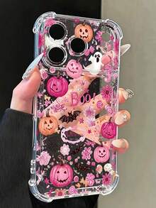 Phone Case - [2D Printed] Compatible With IPhone 18/18 Pro/18 Pro Max/17/17 Pro/17 Pro Max/16/15/14/13/12 Series, Pink Floral Boo Slogan Ghost Pumpkin Sweet Halloween Pattern Transparent Four-Corner Shockproof Phone Case, Lightweight And Protective, Unisex, Suitable For Daily Use - Clear - View 2