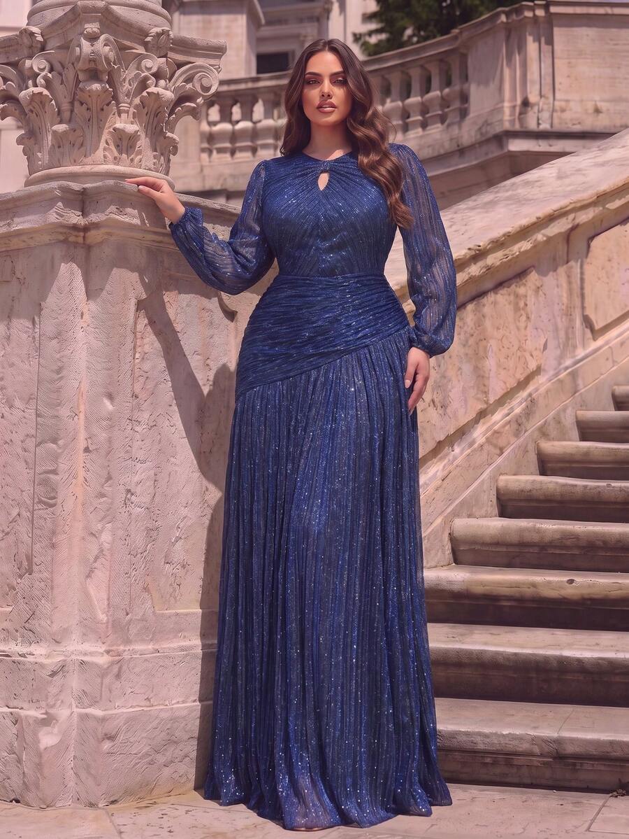 Plus Size Elegant Long Round Neck Evening Gown, Lantern Sleeves, Pleated Shiny A-Line Floor Length Dress, Suitable For Photography, Beach Vacation, Resort And Ball - Royal Blue - View 1