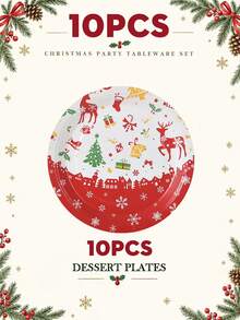 10/20pcs Christmas Disposable Paper Tableware Set (Includes 7-Inch And 9-Inch Plates, Cups, Napkins, Straws), Printed With Reindeer, Christmas Tree, Bell, Gift, Sleigh And Red Border Patterns, Suitable For Christmas Party, Holiday Dinner, Winter Celebration And Holiday Table Setting. - Multi-color 11 - View 18