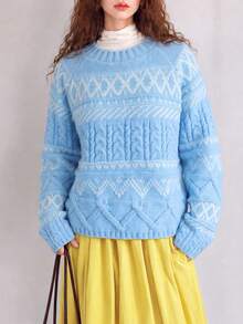 Women's Knitted Long Sleeve Pullover Regular Fit Blue & White Fair Isle Sweater, Suitable For Winter And Casual Daily Wear - Blue Tones - View 4
