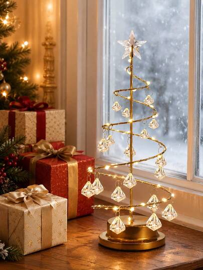 1pc Crystal Christmas Tree Night Light, Crystal Spiral Christmas Tree Table Lamp With Starry Light And Metal Base, Christmas Desktop Decoration, Suitable For Home Room Desk Indoor Gift