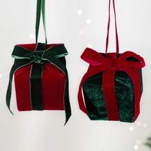 Velvet Christmas Gift Box Ornament, Red & Green Bow Christmas Tree Hanging Decoration, Holiday Decor - Multicolor - View 2